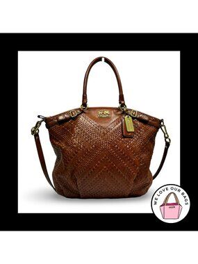 COACH MADISON LINDSEY Bag Criss Cross Woven Acorn Brown Leather Satchel 19836